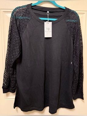 Mengpipi Black Waffle Weave Pullover Tunic Top with Lace Sleeves Size Large
